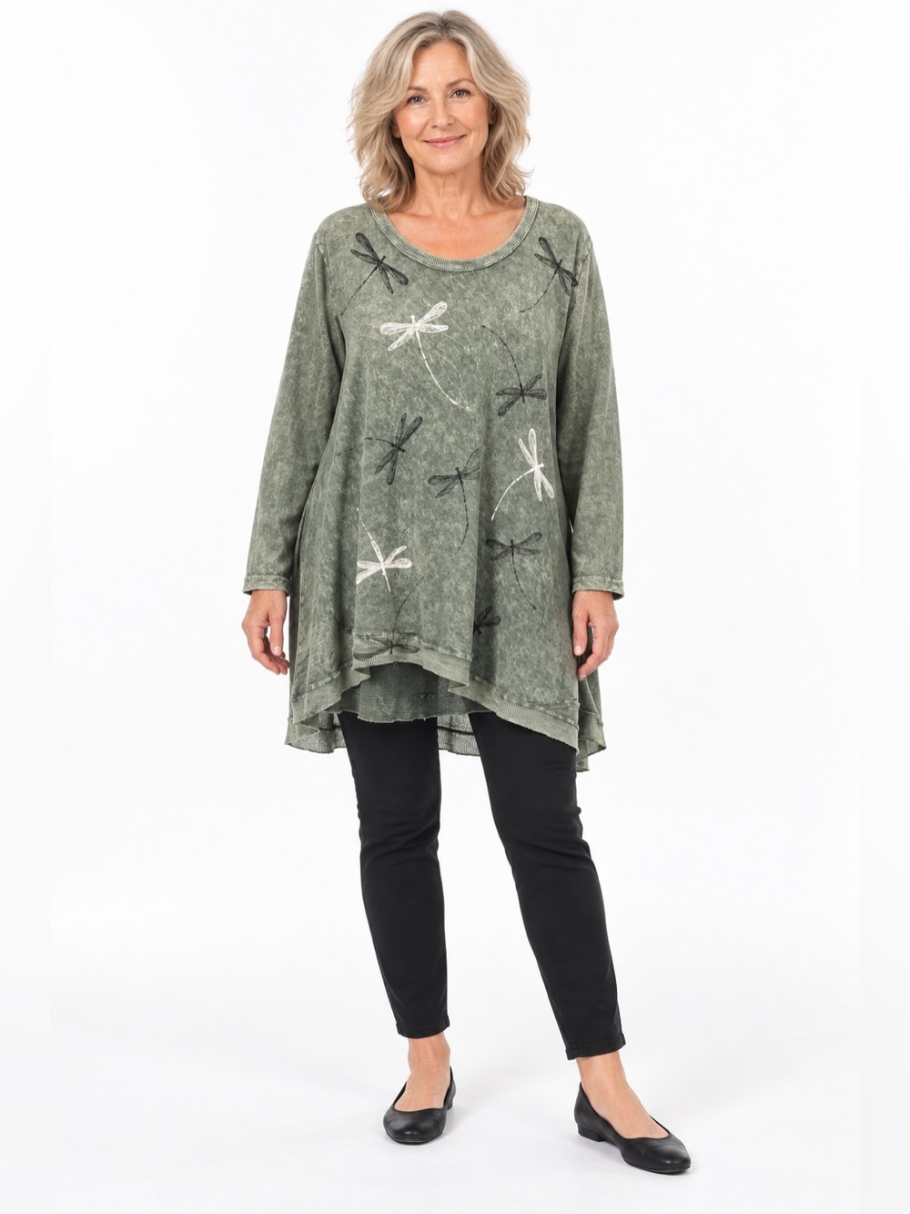Mineral-Wash Dragonfly Tunic in Olive Green